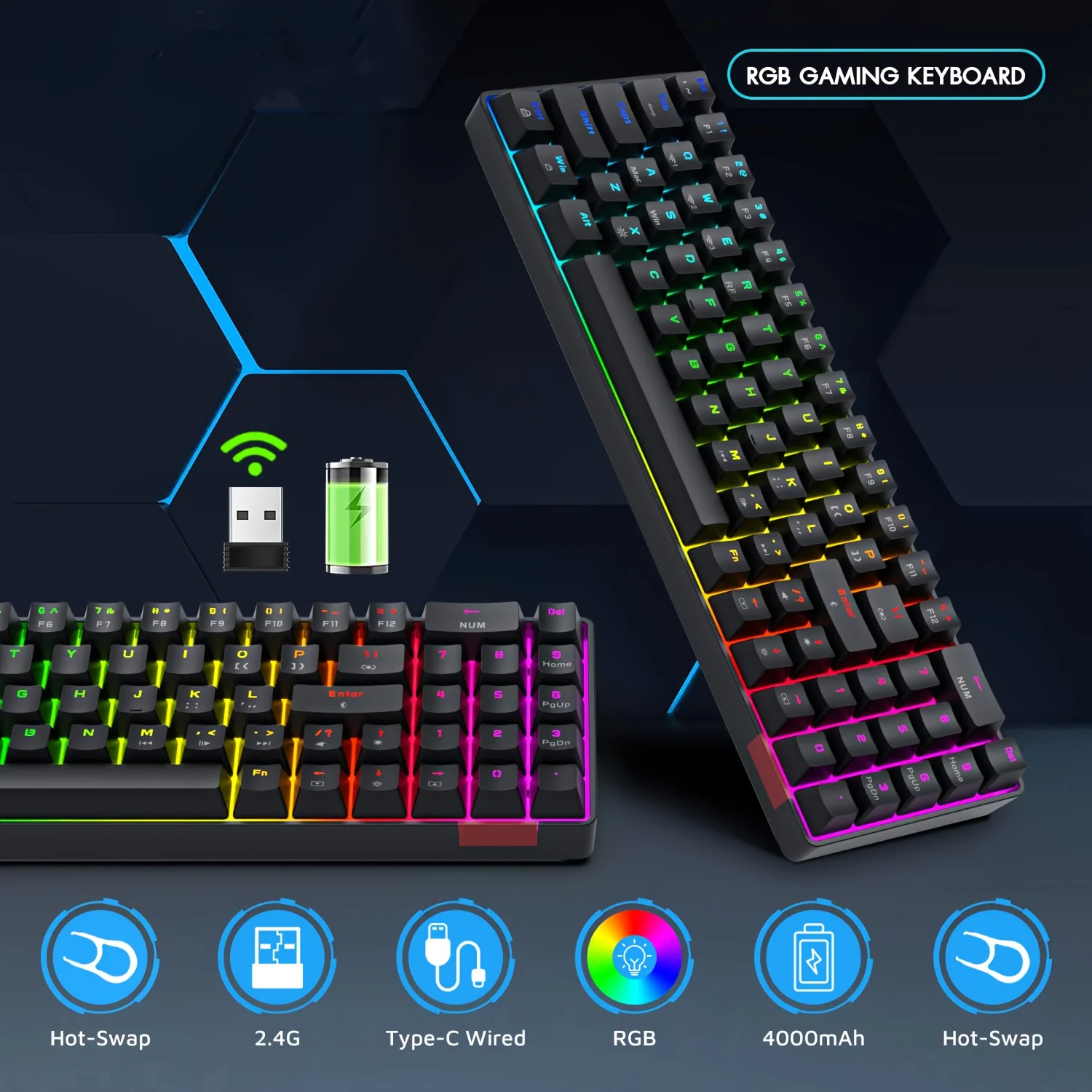 

60% Wireless Gaming Keyboard, 2.4G/BT/Wired, Compact Hot Swappable Blue Switch, RGB Illumination, 4000mAh Long-Lasting Battery,