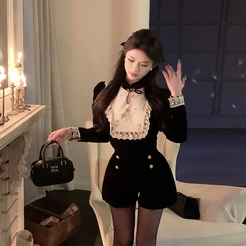 Velvet Top Wide-Leg Shorts Two-Piece Set French Retro National Style Women Autumn Winter Splicing Velvet High-End Design Suit