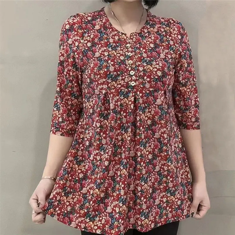 Women Clothes Casual Vintage Floral Print Ethnic Style Ice Silk T-shirt Summer Fashion O Neck 3/4 Sleeve Loose Tunic Ladies Tops