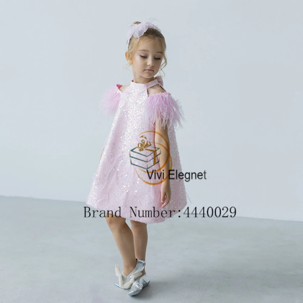 

Customized Pink Sleeveless Flower Girl Dresses Scoop Feather Wedding Party Gowns for Birthday New 2025 Summer فساتين اطفال ل