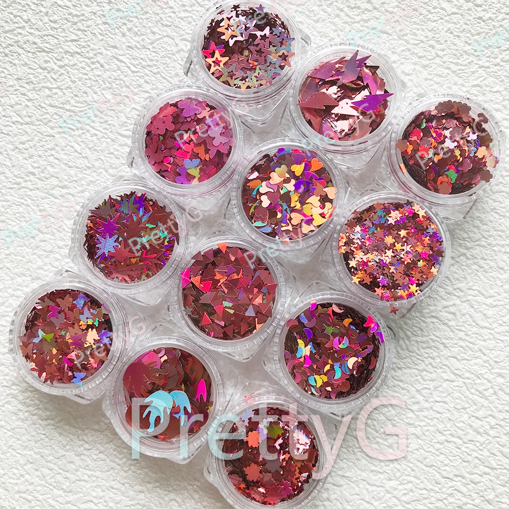 PrettyG 1 Juego de caja de 12 colores, purpurina holográfica Dk.red, forma de lentejuelas rosa, purpurina para uñas para resina, decoración artística de uñas DIY
