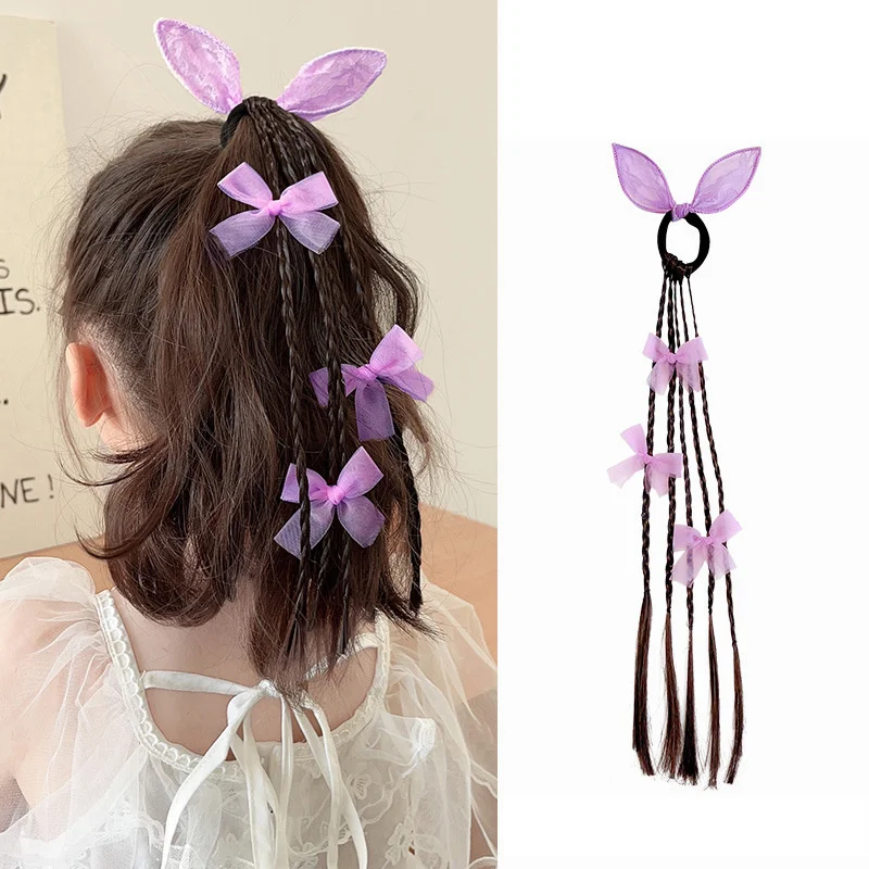 1PC Girls Bow Rabbit Ears Wigs Ponytail Headbands Rubber Bands Hair Bands Lovely Headwear Kids Hair Accessories Hair Ornament