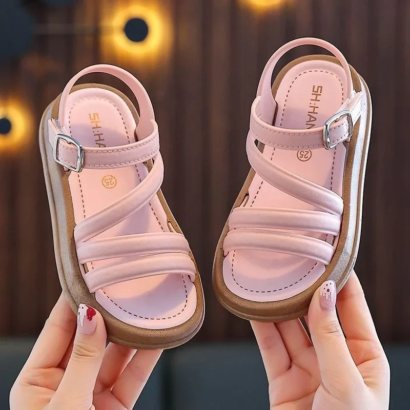 Summer Girls Open-Toe Princess Sandals Kids Soft-Soled Single-Strip Buckle Beach Shoes Hollow-Out Shoes for Daily Casual Wear