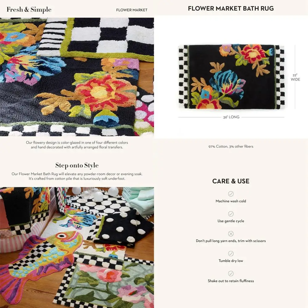 

Cotton Bath Mat with Black Floral Design for Bathroom