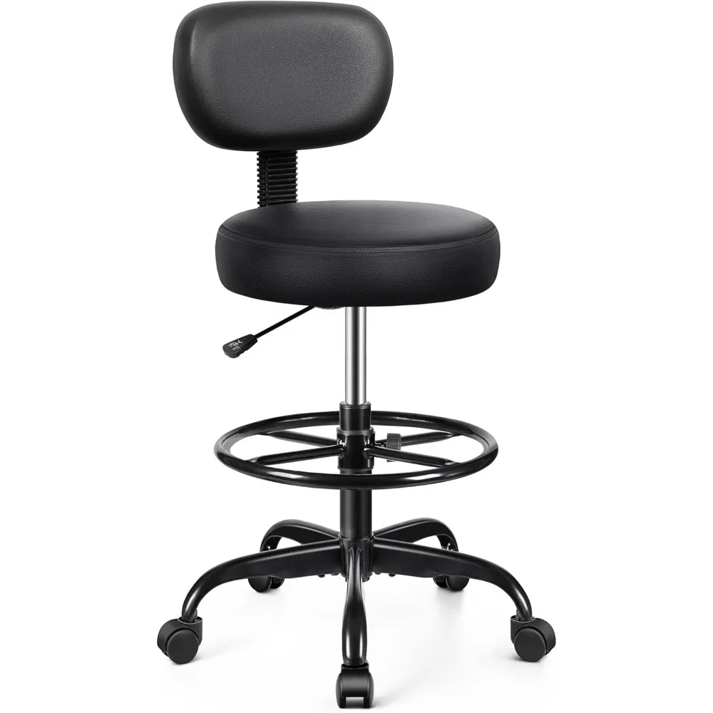 

Drafting Chair with Backrest – Adjustable Foot Rest Rolling Stool with Wheels, PU Leather Swivel Stool for Office Spa Studio Lab