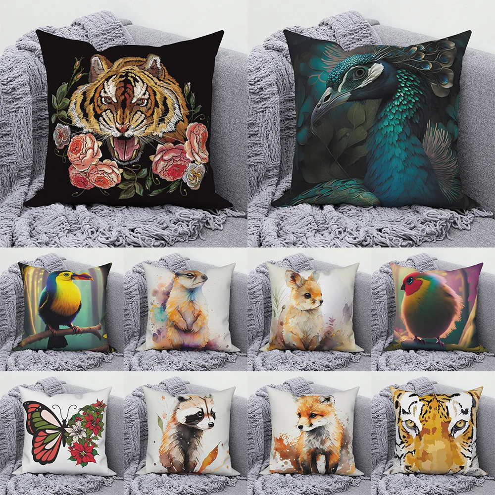 45*45cm Animal Tiger Fox Bird Print Pattern Cushion Cover Home Living Room Sofa Decoration Square Pillowcase