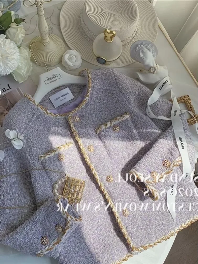 

Элегантные фиолетовые твидовые куртки женские на пуговицах корейское короткое пальто с длинным рукавом милая повседневная верхняя одежда высокого качества модные топы новые