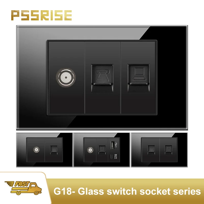 

PSSRISE Black ALL Countries Universal Wall Socket 2.1A USB Type C Charger Power Socket Glass Panel TV TEL Computer Socket Switch