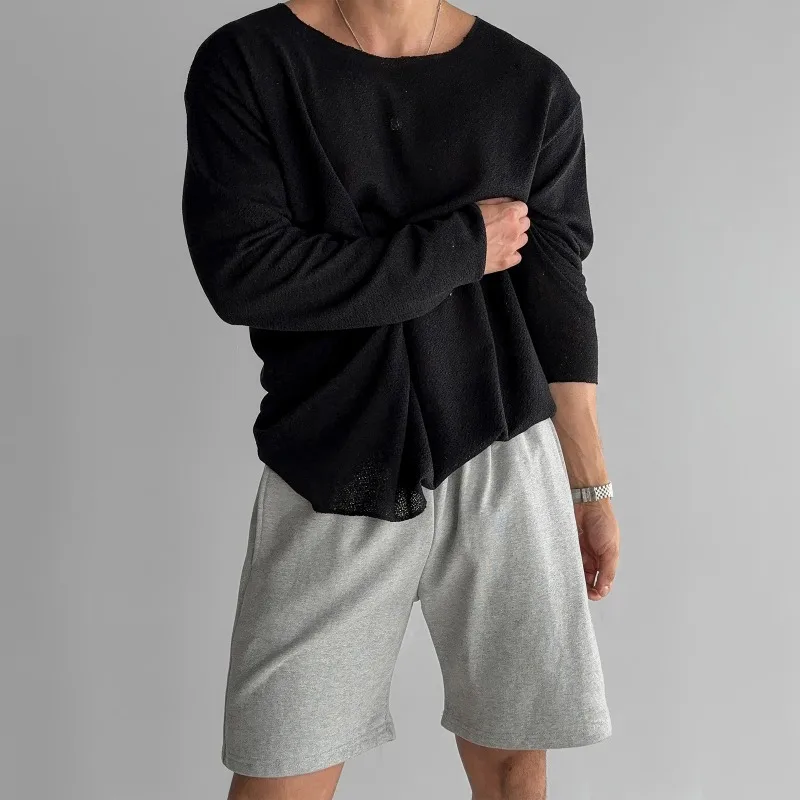 2026 Summer New Solid Men's Knitted Hollow Round Neck T-shirt Korean Fashion Harajuku Casual Loose Oversized T-shirt Streetwear