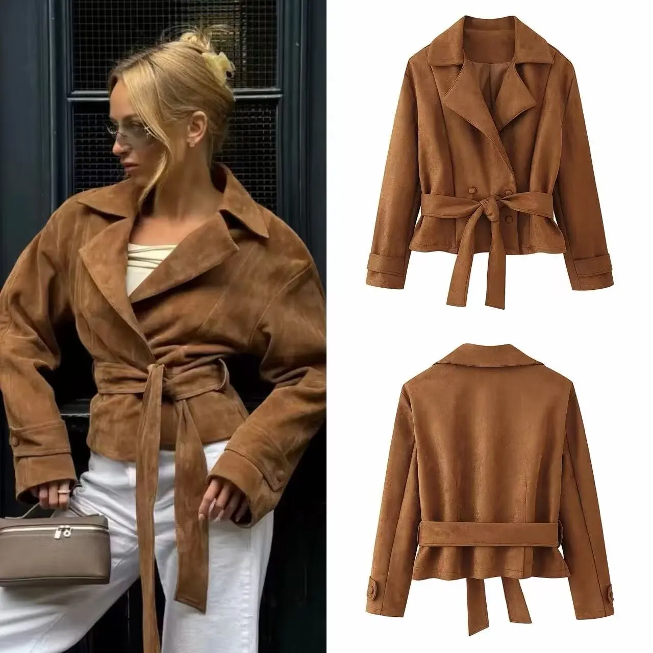 

Коричневая замшевая куртка на шнуровке в стиле ретро, элегантное женское пальто с воротником и длинными рукавами, осенняя модная женская верхняя одежда