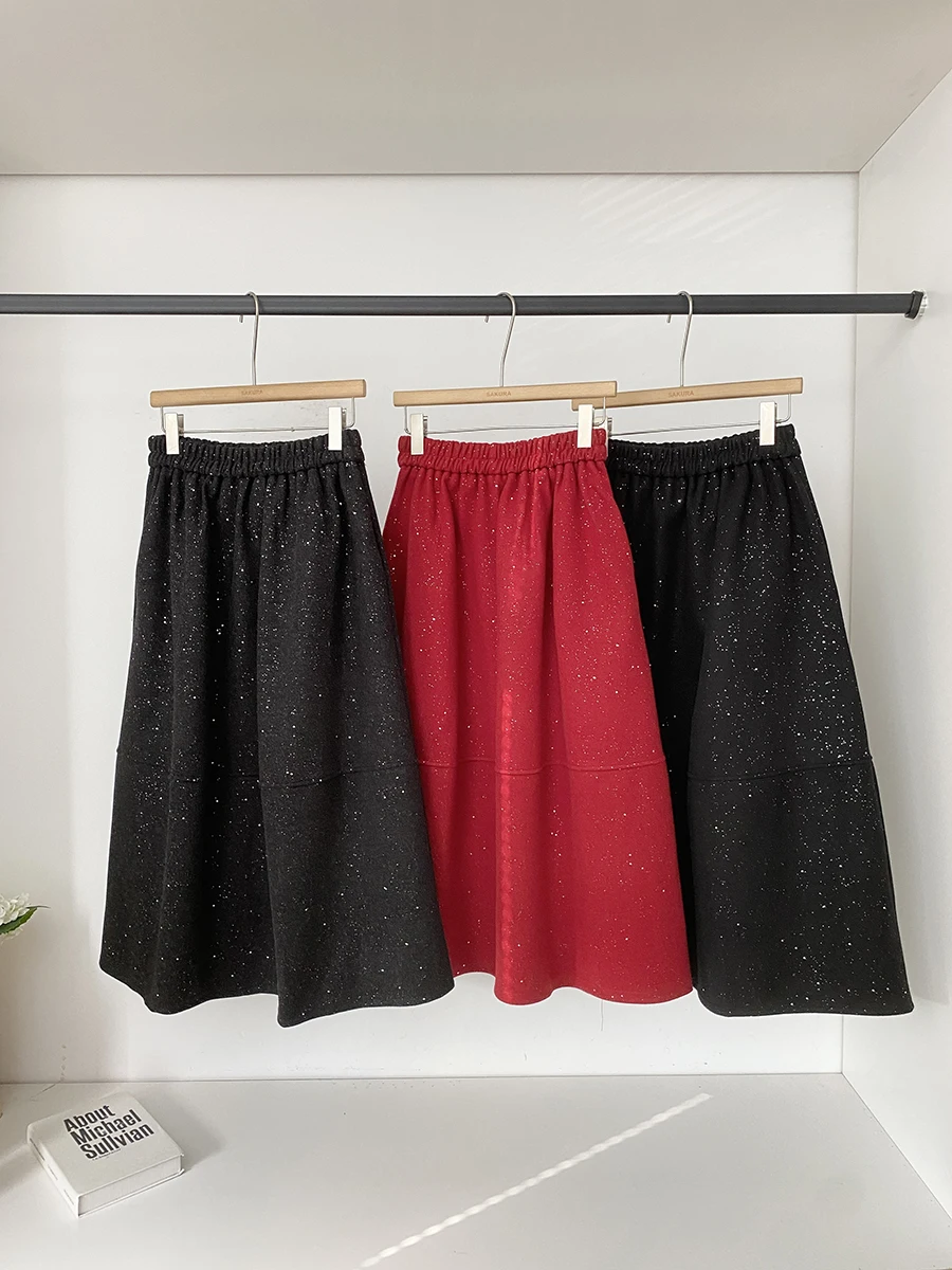 Winter 2025 High Waist A-Line Skirt Women's Commute Versatile Heavy Embellishment Shiny Polyester Fiber Midi Skirt