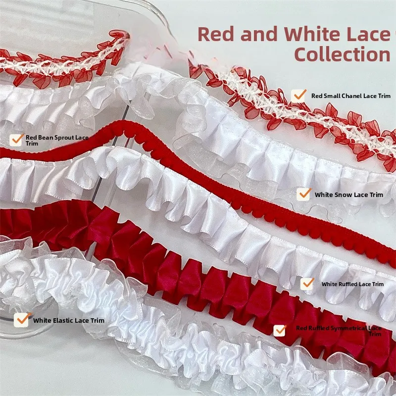 

Коллекция кружевных элементов красного и белого цвета: однотонные материалы для DIY-поделок, держатели для карт, подставки для вееров, плиссированные кружевные аксессуары для рукоделия