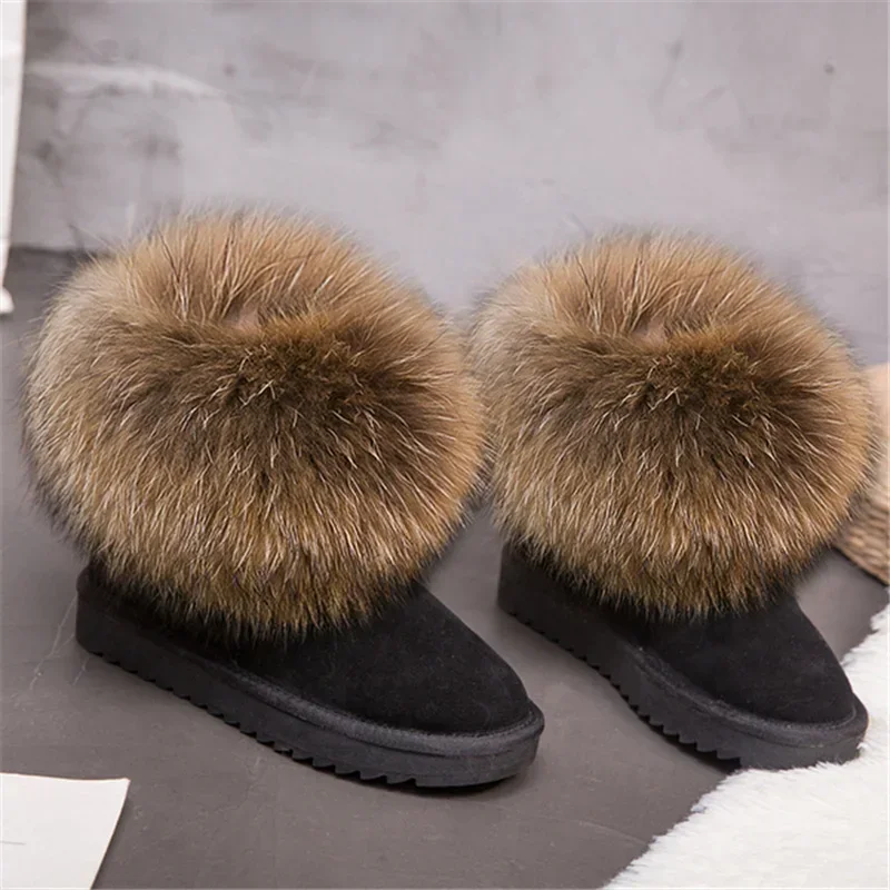 

G&Zaco Women's Winter Boots Genuine Leather Natural Real Fox Fur Snow Boots Short Ankle Boots Fur Boots Female Flat Heel Shoes