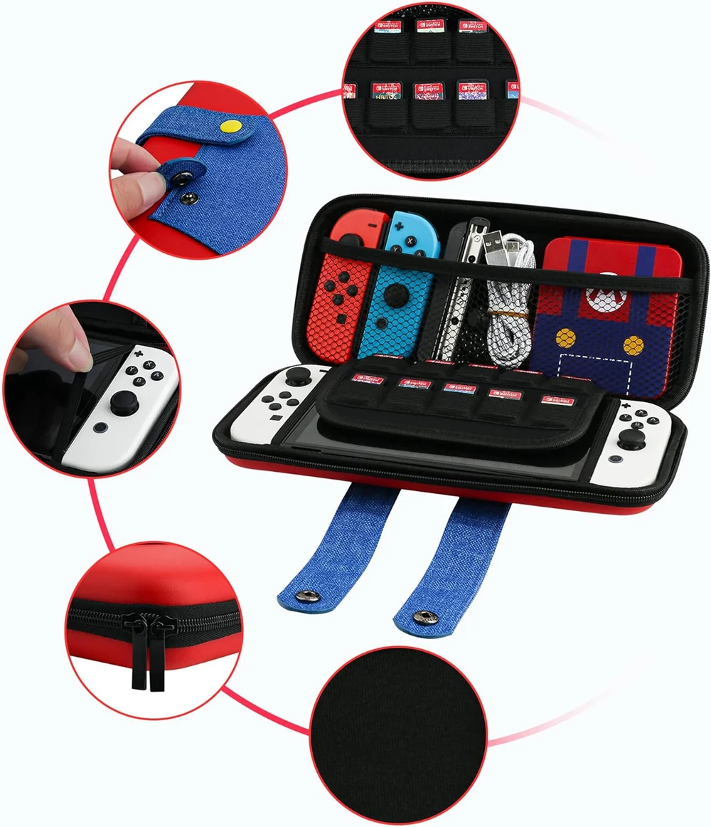 EVA-Aufbewahrungsschalter-Hülle, kompatibel mit Nintendo Switch/OLED, niedliche tragbare Switch-Tragetasche mit 10 Spielhaltern für Mario – Detail 21