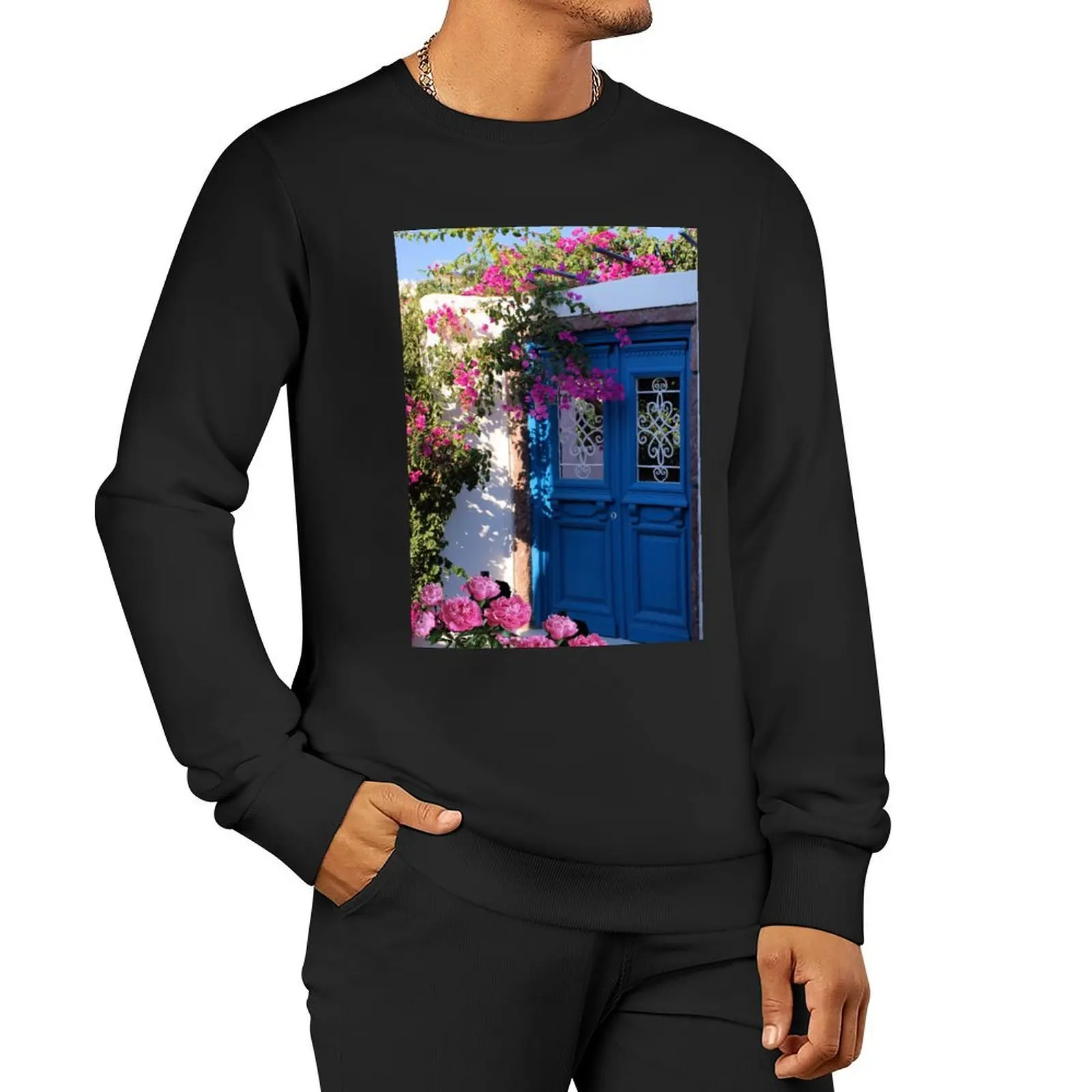 

Greek Santorini Blue Door Pink Flowers Pullover Hoodie men's sweat-shirt set oversize sweatshirt