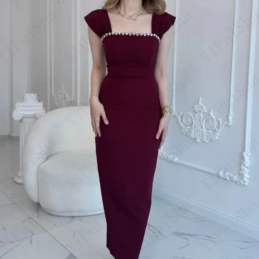 Customized Straight Prom Dresses Ankle-Length Square Collar Sleeveless Evening Gown Simple Fashion Crystal Casual Party Gown