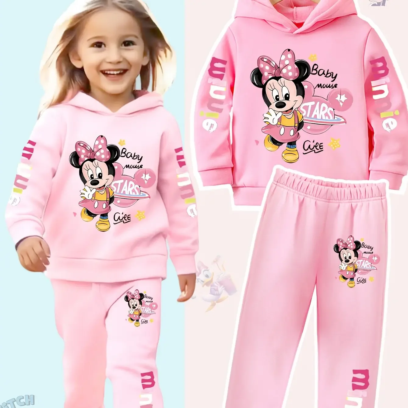 Disney Girls' Minnie Mouse Hoodie & Pants Sweatsuit Set with Mickey Ears & Polka Dots, Soft Stretchy Fabric