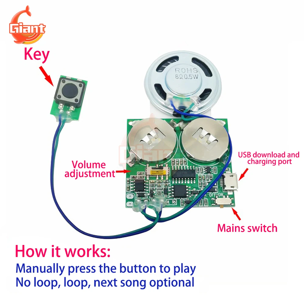 MP3 WAV Music Voice Player, Placa Programável, Cartão USB para download, Módulo de som, DIY Audio Amplifier Board, Alto-falante, 8m