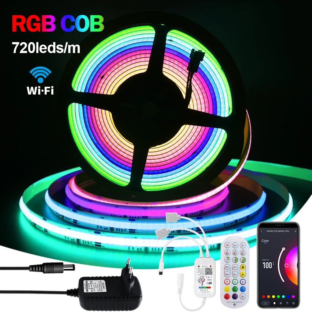 스마트 와이파이 블루투스 FCOB RGB LED 스트립, WS2811, 주소 지정 가능 720LED/m 드림 컬러, 유연한 테이프, FOB COB LED 조명, RA90, 12V, 24V