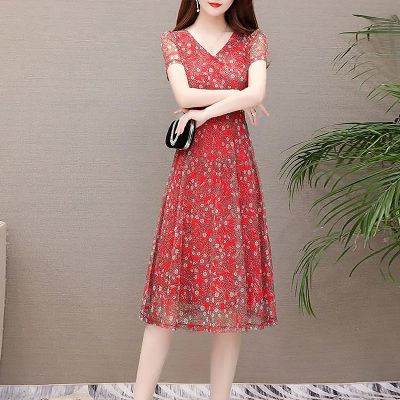 Elegant V-Neck Casual Dresses Summer Vintage Broken Flower Printed Female Clothing Korean Gauze A-Line Patchwork Midi Dress 2023