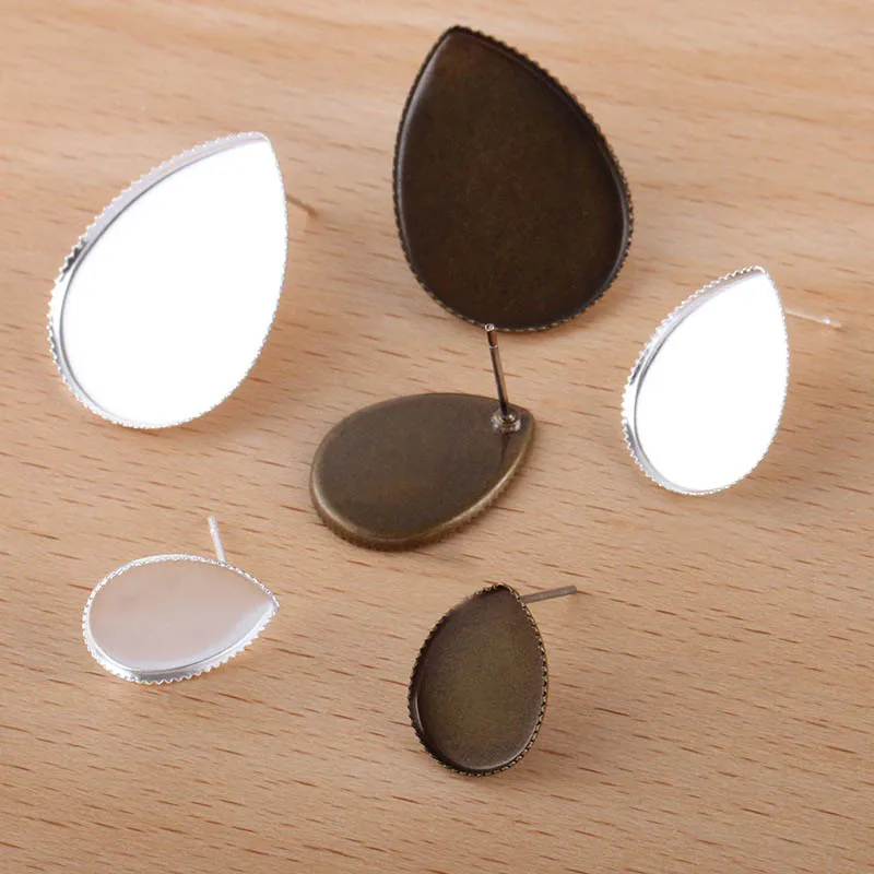 500pcs Earring Post Pins Connectors Base 10x14mm 13x18mm 18x25mm Drop Teardrop Bezel Cabochon Settings DIY Findings