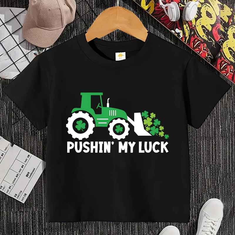 St Patricks Day Kids T-Shirt Girls Boys Clothing Funny St Paddys Tees Tractor Shirt Pushing My Luck Tops Comfortable Outfits