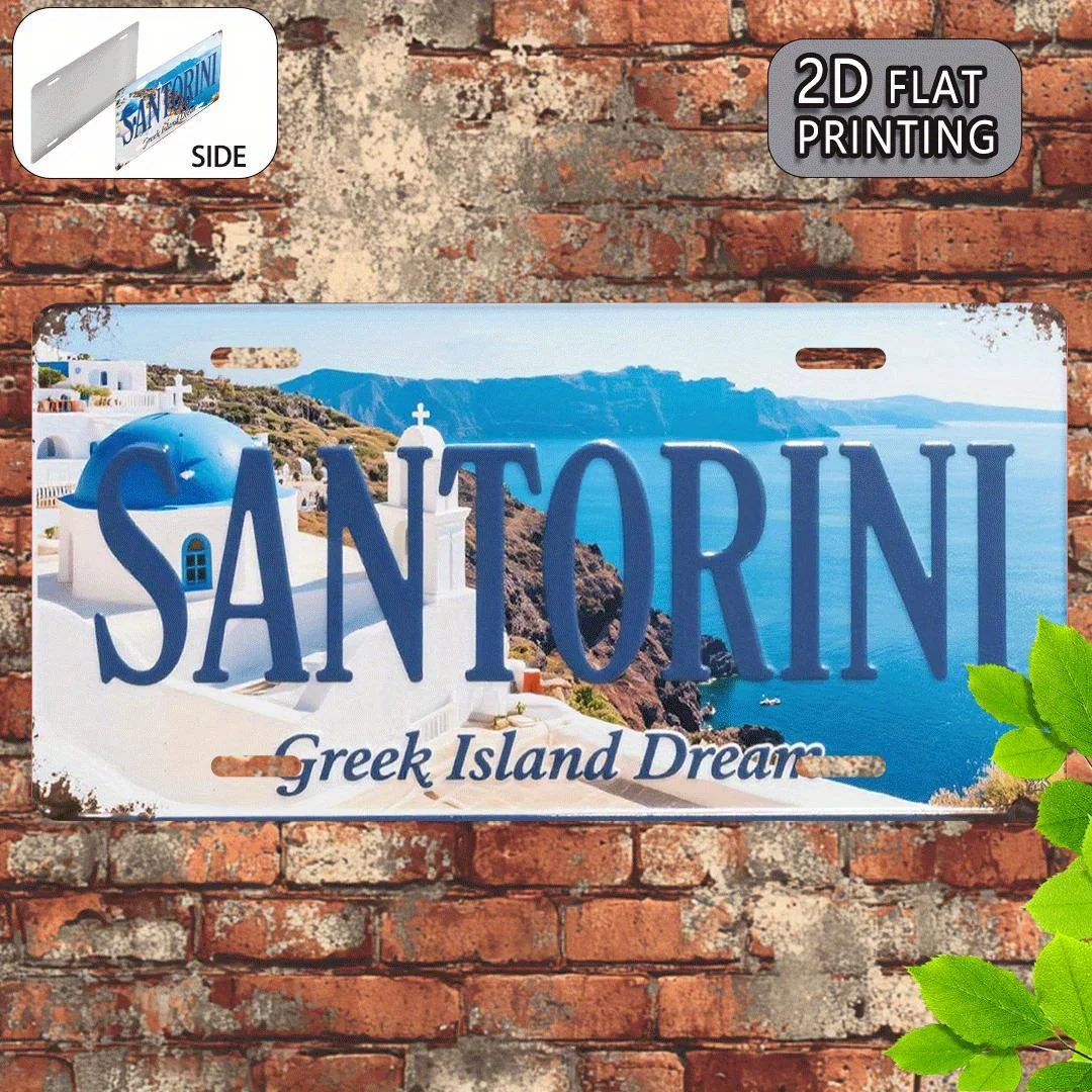 Aluminum Painting Santorini Greece Blue Dome Greek Island Dream Vintage License Plate Style Metal Tin Sign Wall Decor For Home B