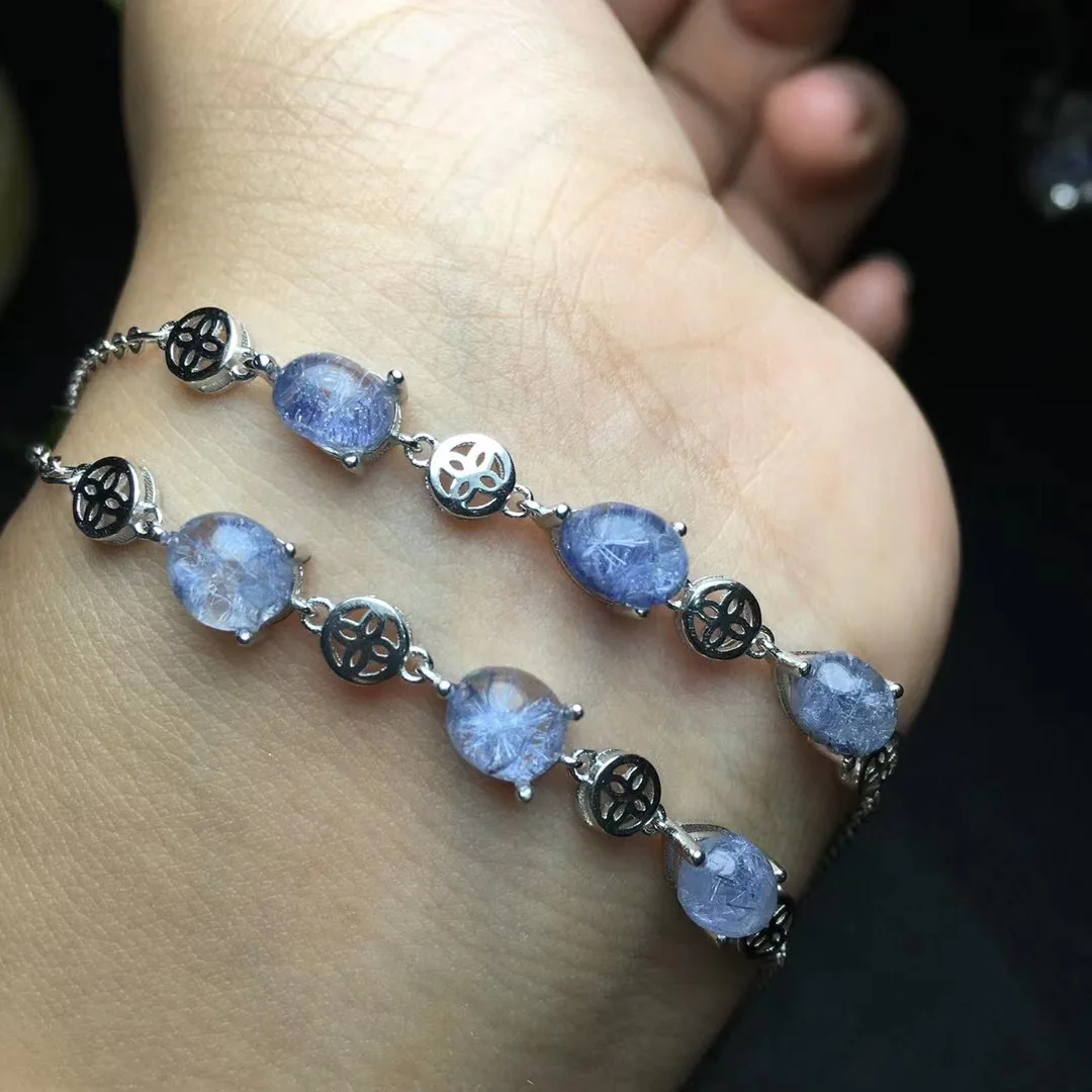 1 Pc Fengbaowu Natural Stone Dumortierite Cabochon Chain Bracelet 925 Sterling Silver Fashion Crystal Jewelry Gift For Women