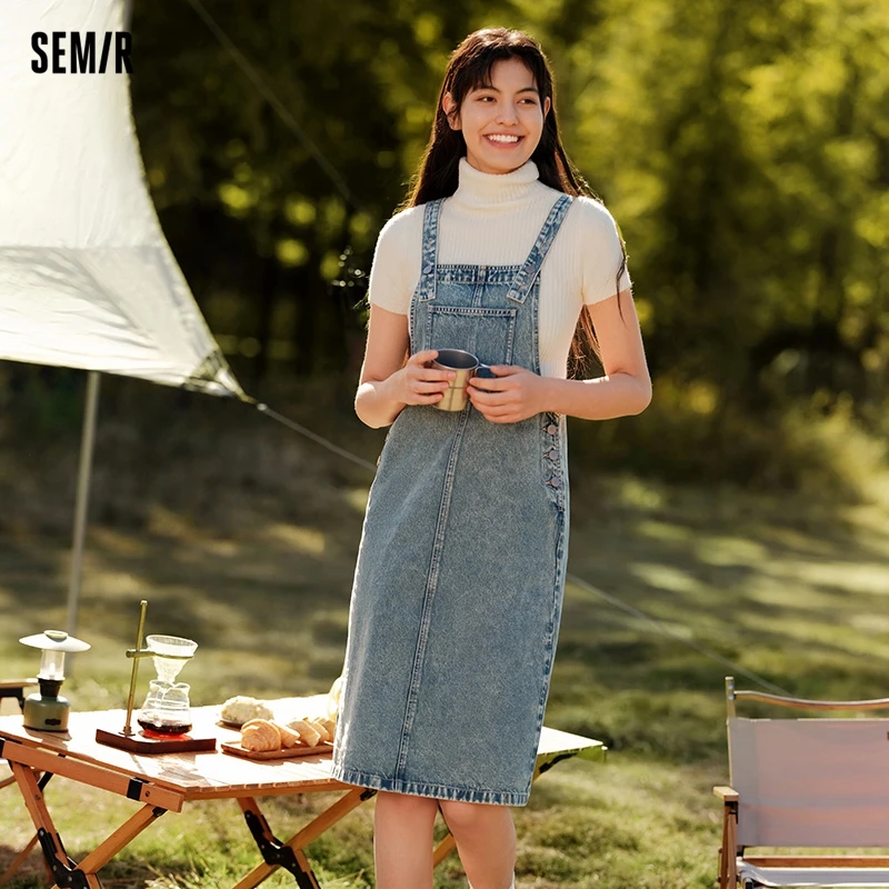 Semir 2024 Denim Suspender Skirt For Women Old Retro Street Trend Spring New Salt Style Slit Dresses For Women