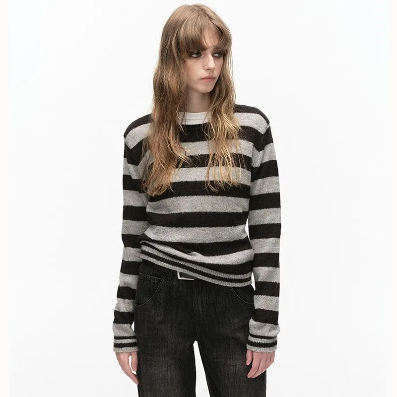 

Полосатый свитер с длинными рукавами в стиле ретро для женщин, свободный пуловер с круглым вырезом в корейском стиле, осенне-зимний свитер