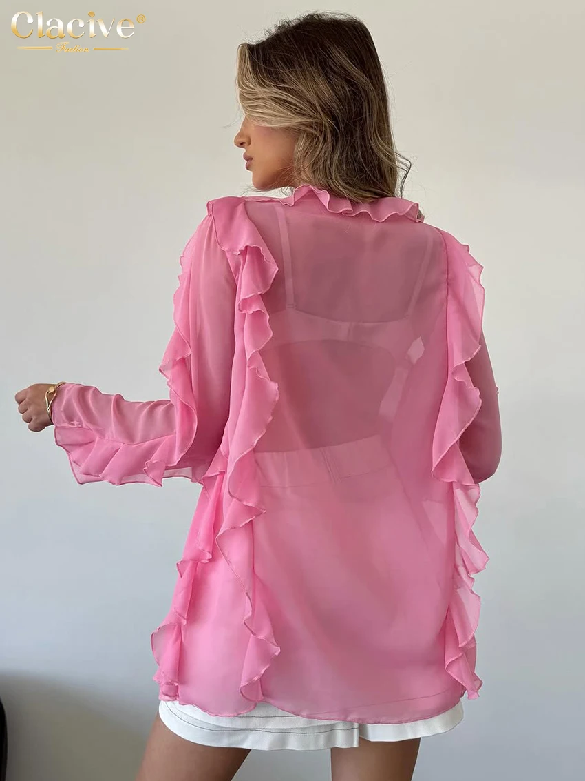 Clacive Fashion Loose Pink Women's Shirt 2025 Sexy V-Neck Long Sleeve Shirts Elegant Classic Ruffles Solid Tops Female Clothing