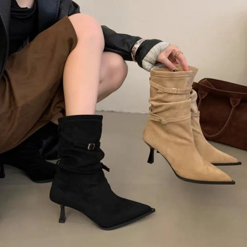 2025 موضة جديدة كعب رقيقة أحذية بوت قصيرة موضة مشبك الجلد المدبوغ مطوي الأحذية الحديثة تنوعا أشار تو المرأة خنجر الكعوب #2