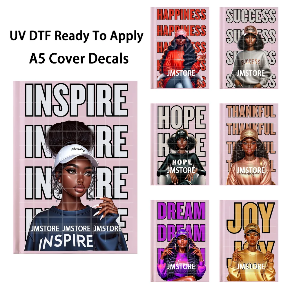 Fashion Lady Afro Women Empowerment A5 Notebook UV DTF Wraps Ready To Apply Waterproof Transfer Sticker Decals For Journal Cover
