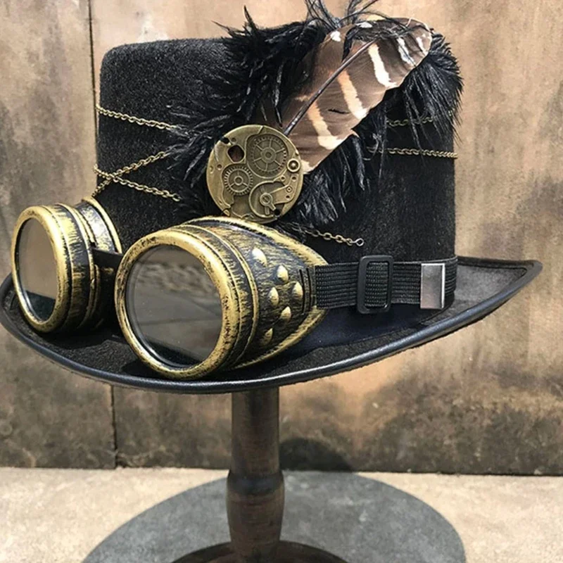 Steampunkowy cylinder wełniany filcowy wiktoriański kapelusz goglami i piórkiem kostium unisex górna czapka gotycka czapka do