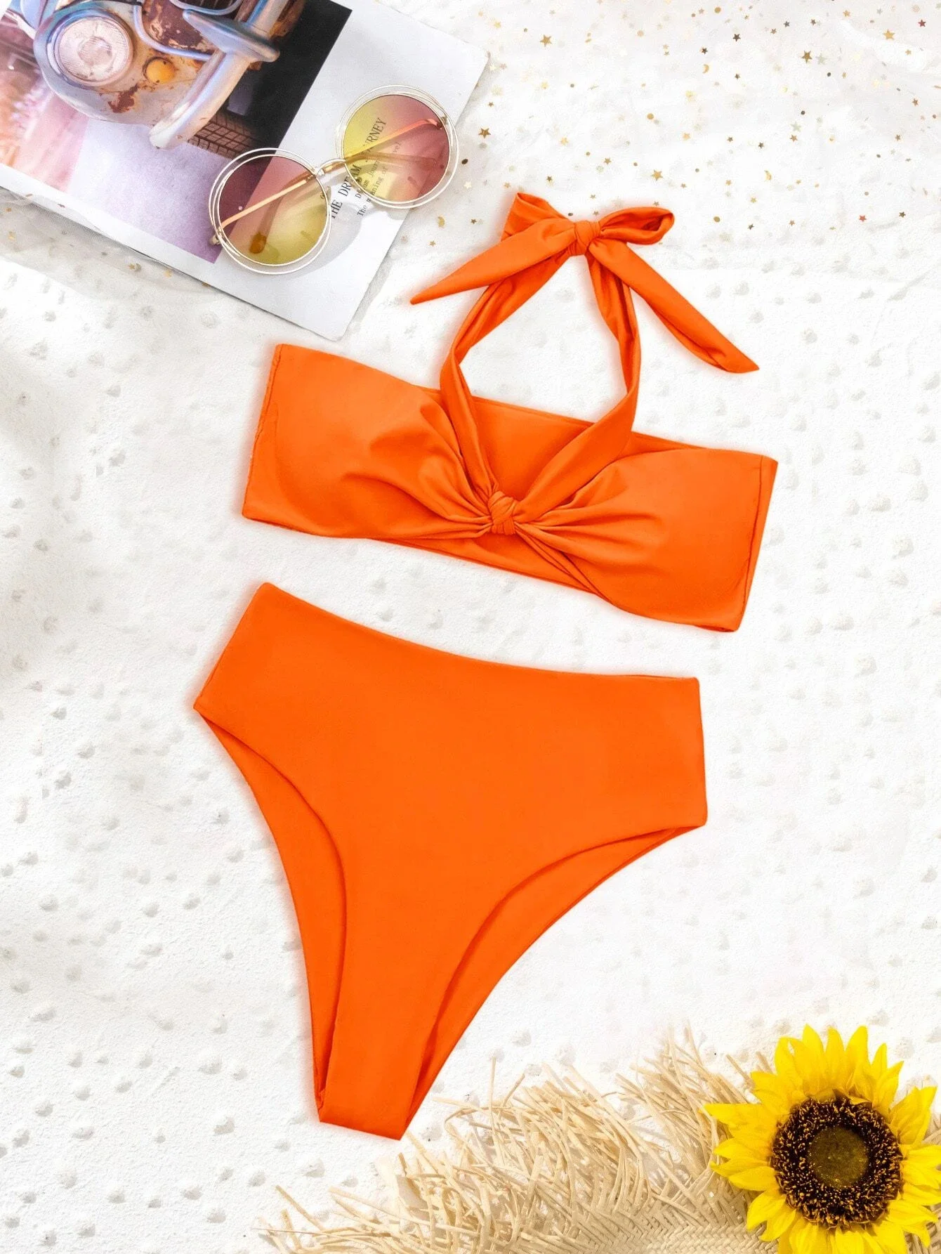 Nó frente bandeau cintura alta biquíni maiô feminino duas peças conjunto de biquíni verão praia