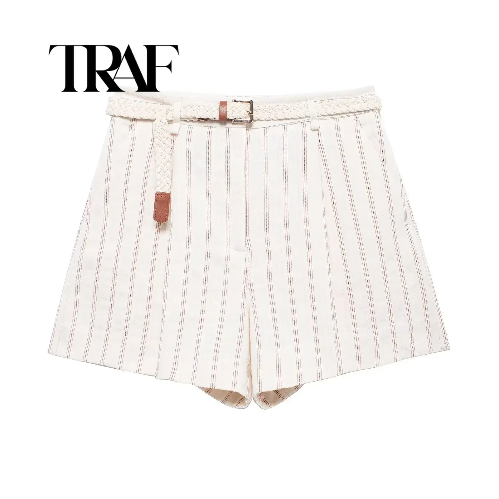 

TRAF 2024 New Launch Women's Striped Shorts Fashion Simply Casual Zip-up High-waisted Pockets Hot Shorts Wide leg Pants 8409/107