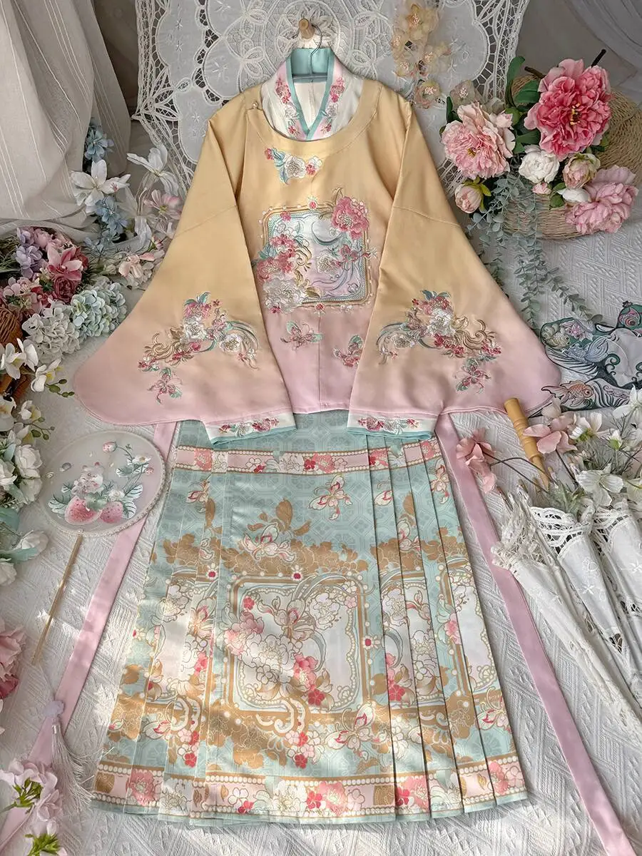 New Hanfu Women Ming System Round Neck Big Collar Embroidery Pipa Sleeves Horse-face Skirt Fiesta Carnival Halloween Cos Cosplay