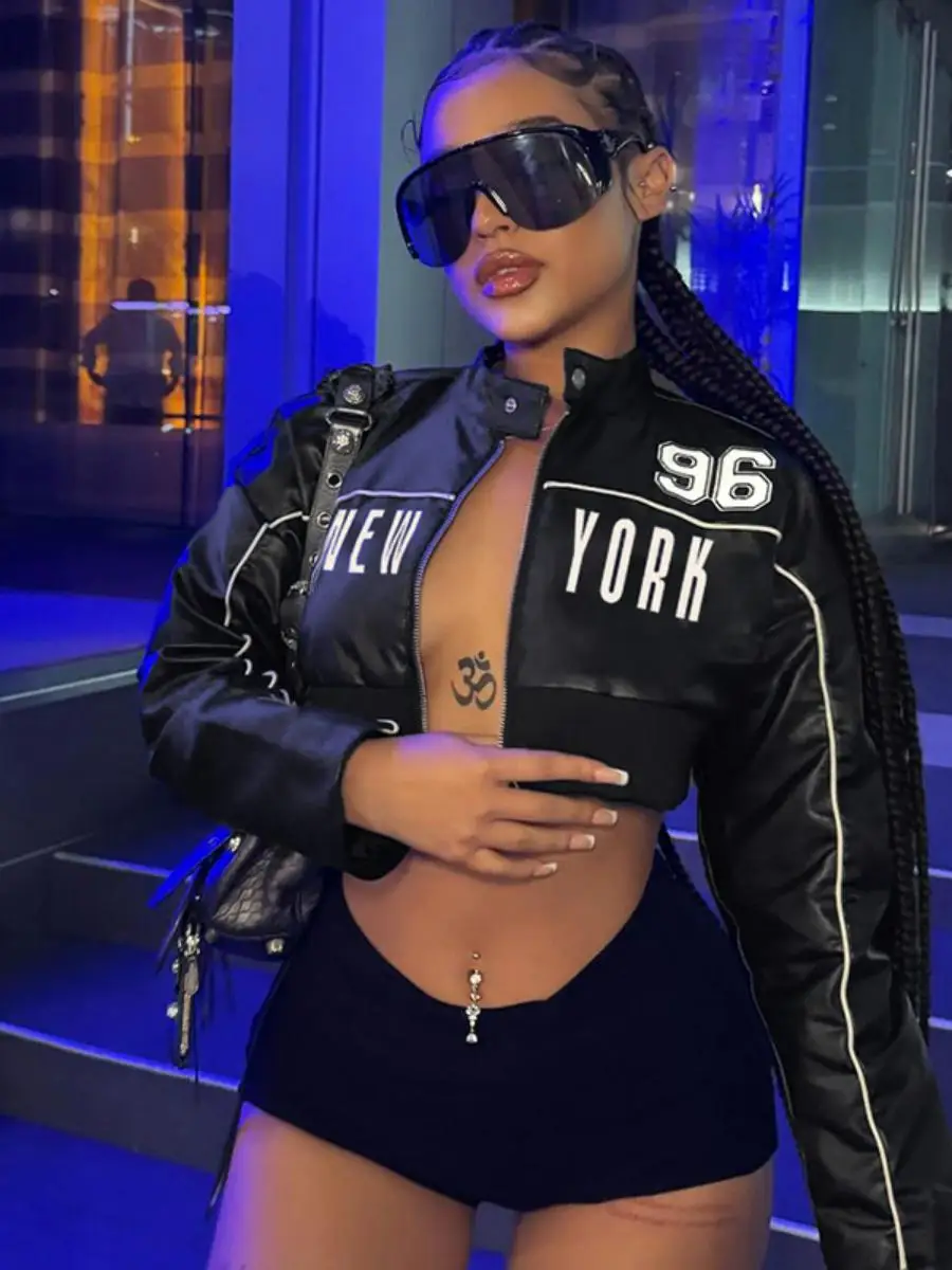 バイカースレオートPUレザージャケットカラーブロデジタルプリントファション春秋レディースコートメサボウブランドルーズフィット