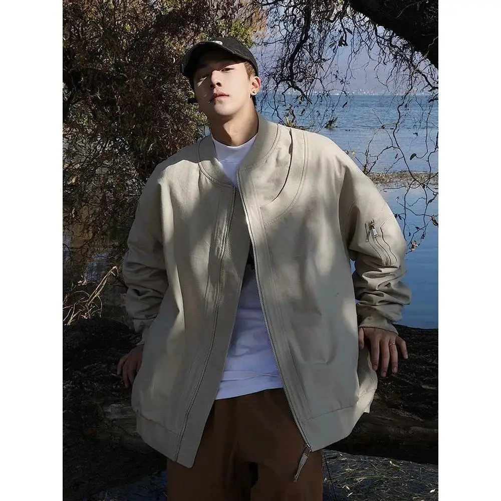 

Men's Baseball Jaet Loose Pilot Sle Fall Outerwear Simple Versatile Retro High-End Feeling Polyester Long Sve Coat