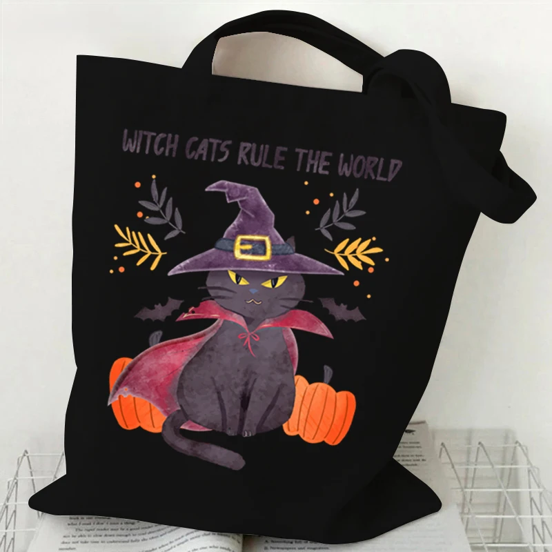 Halloween Witch Cat Tote Bag Gothic Black Cat Shopper Halloween Party Gift Shopping Bag Spooky Season Funny Animal Women Handbag