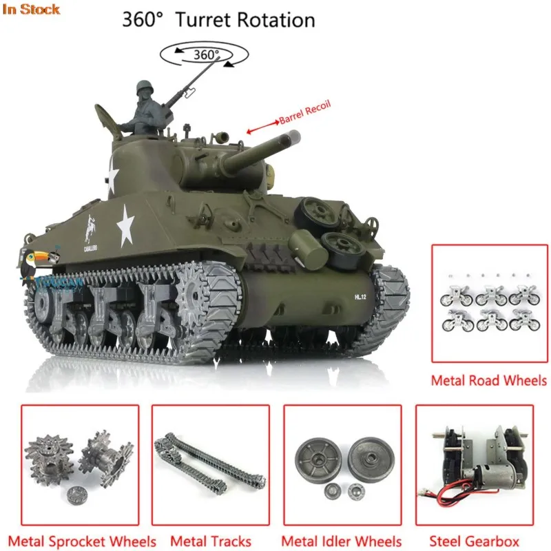 US Stock HengLong RC Tank 1/16 Customized 7.0 M4A3 Sherman 3898 Barrel Recoil 360° Metal Tracks Historical Military Toy Panzer