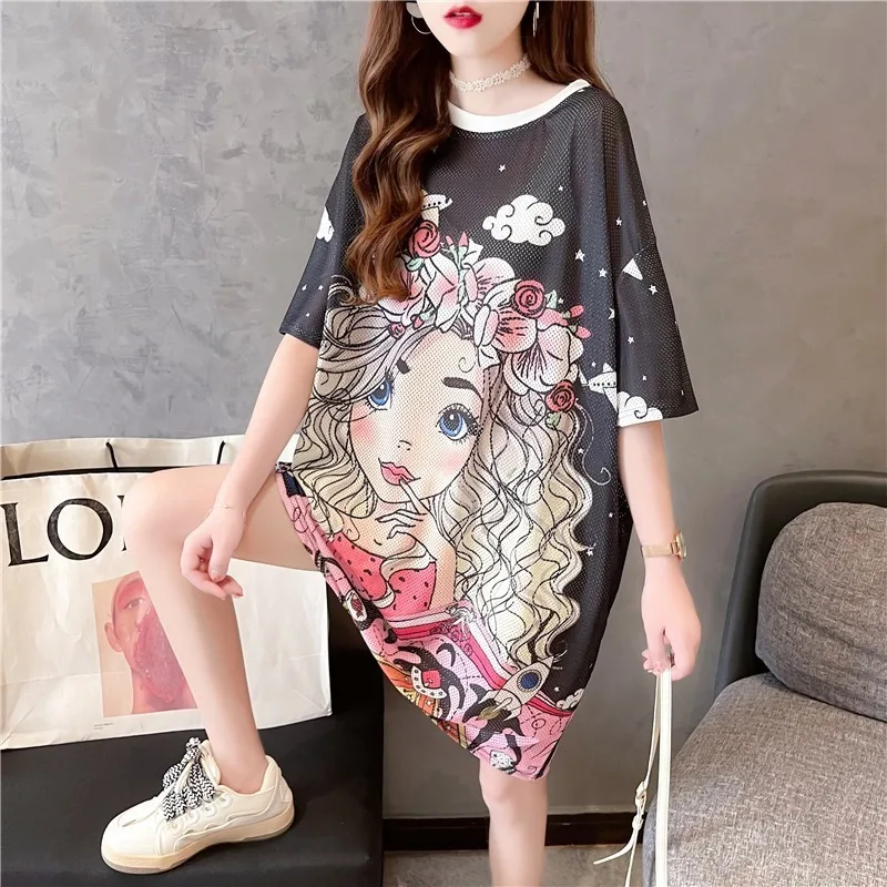 #4203 Summer Mesh T Shirt Women Loose Hollow Out Short Sleeve T Shirt Female O-neck Casual 3D Print Long T-shirt Loose Quick-dry