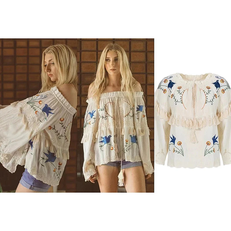 

Sexy One-shoulder Top Hollow Flower Embroidered Tassel Trumpet Sleeves Autumn Women Shirt Blouse Casual Vacation Beach Tops
