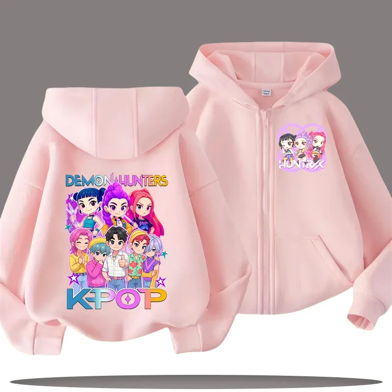 

Boys, Girls' Casual Shirt for Girls, Cartoon Print Winter Autumn Coat with Zipper Closure K-pop Demon Hunter Kids Hoodie for