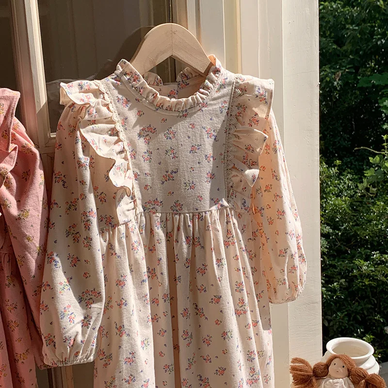 Children's Clothing Stand Up Collar Lotus Leaf Lace Girls' Dress 2025 Autumn Floral Long Sleeved Princess Dress for Children
