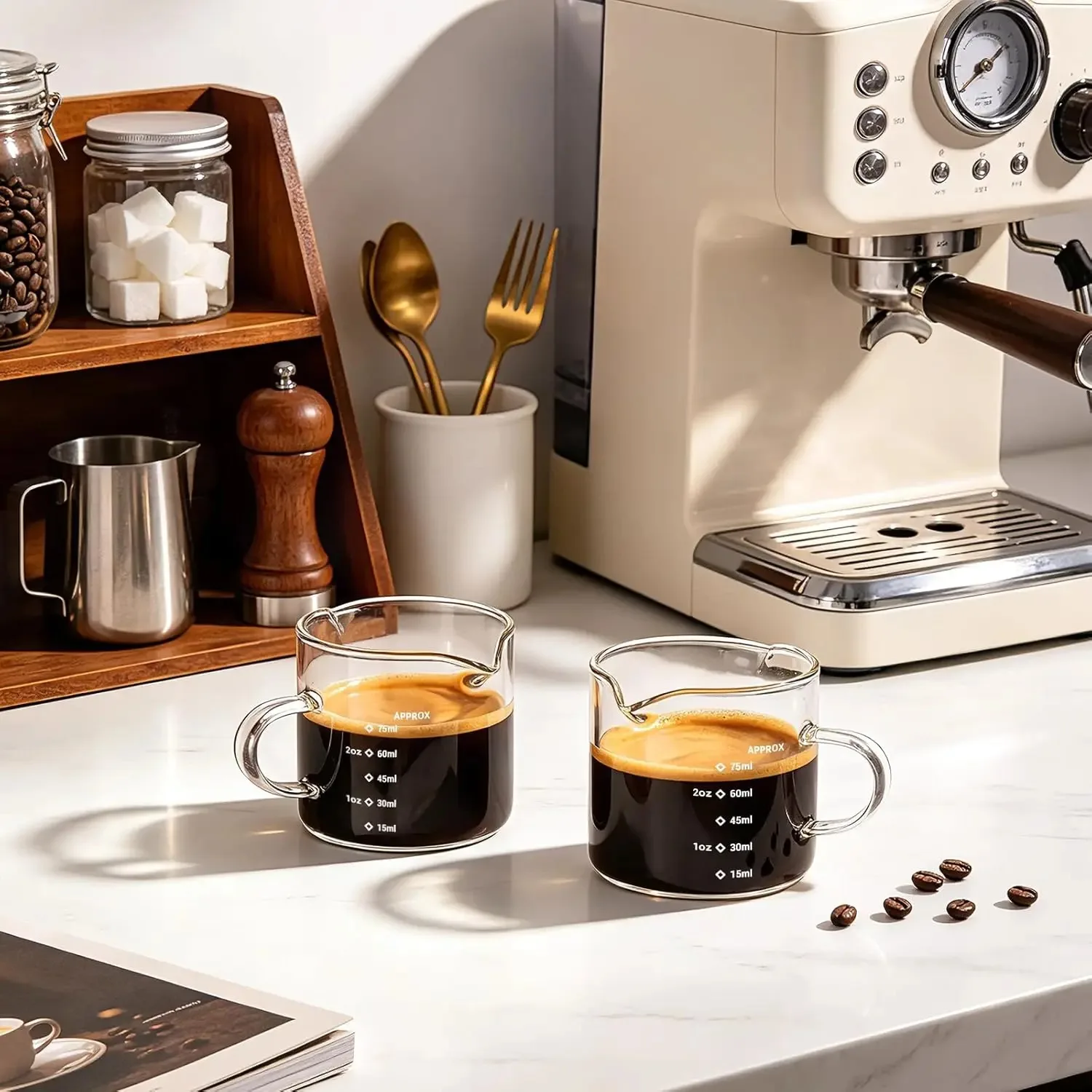 1/2/4Pcs Transparent Espresso Glass Cup Set, Handle Milk Frothing Pitcher, Classic Cappuccino Coffee Mug, Matching For Espre