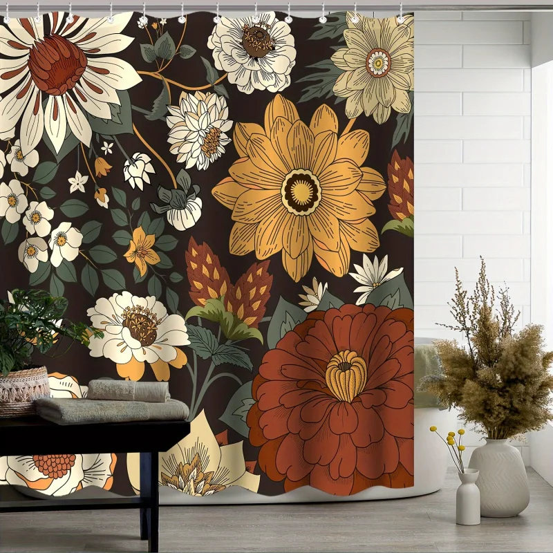 Black Realistic Floral , Vintage Bohemian Curtain Colorful Plant Flower Tropical Leaf Fabric Shower