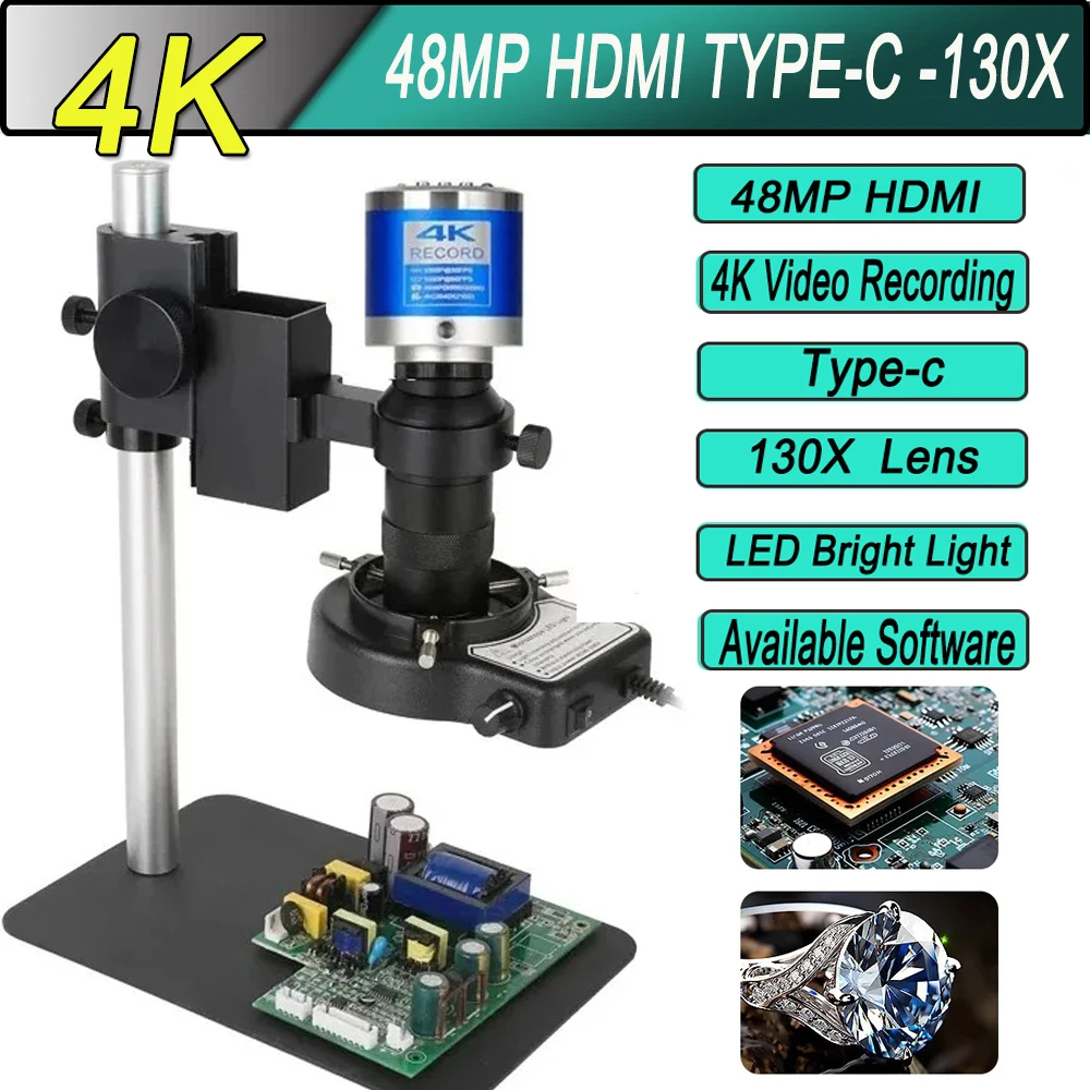 

4K 130X/150X Zoom Lens Digital Microscope 48MP/13MP HDMI USB TYPE-C VGA Camera Microscope Set For PCB Welding Repair Measurement