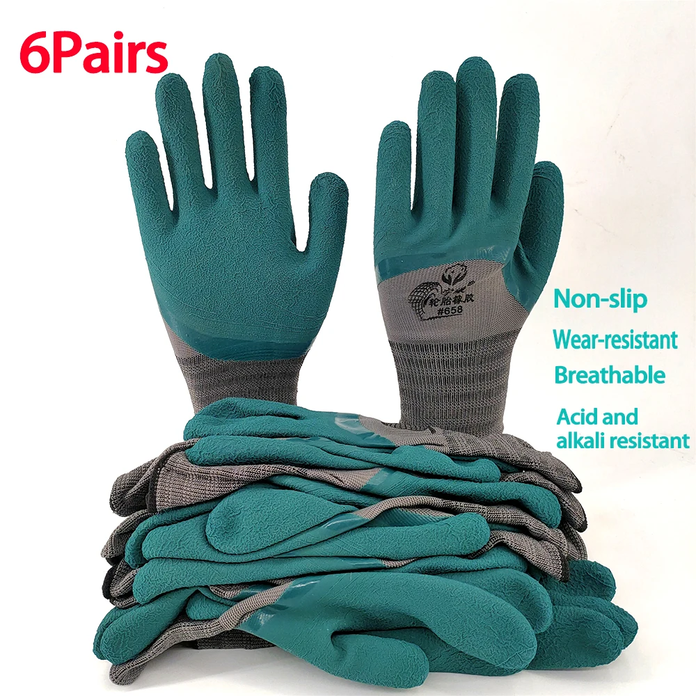 

6 пар рабочих перчаток с полиуретановым покрытием, безопасные, прочные, ультратонкие, противоскользящие, дышащие, износостойкие, перчатки с рисунком шин, оптовая продажа