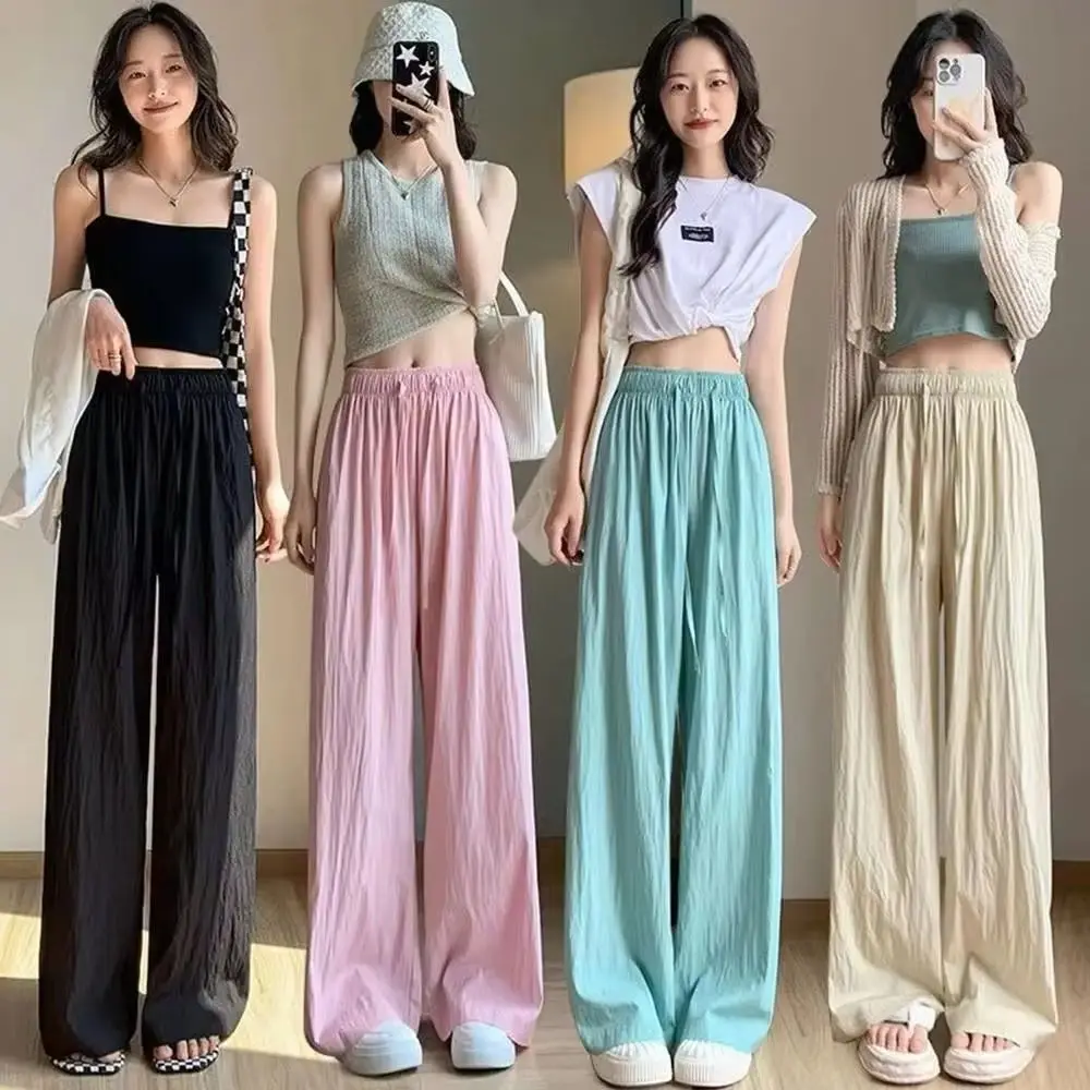 

Прямые свободные брюки с широкими штанинами, длинные брюки с высокой талией, женские брюки из ледяного шелка, летние брюки, маленькие размеры, корейская женская одежда